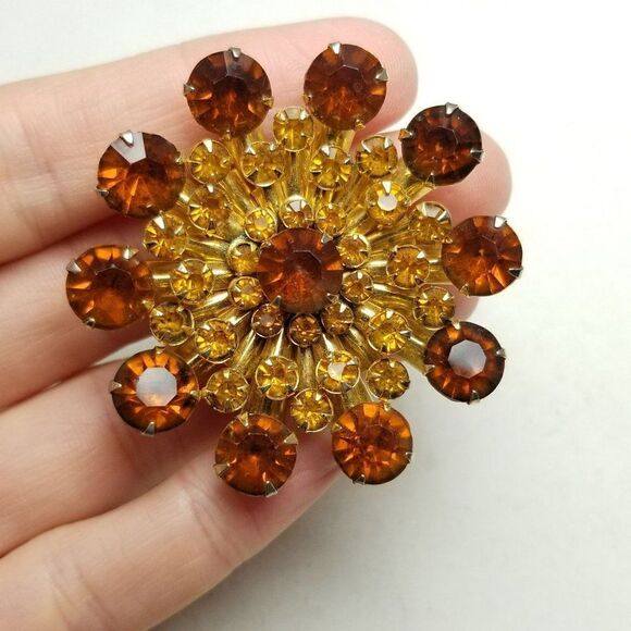 Vintage Yellow and Dark Orange Rhinestone Cluster Floral Flower Brooch 60s Style - Picture 6 of 6